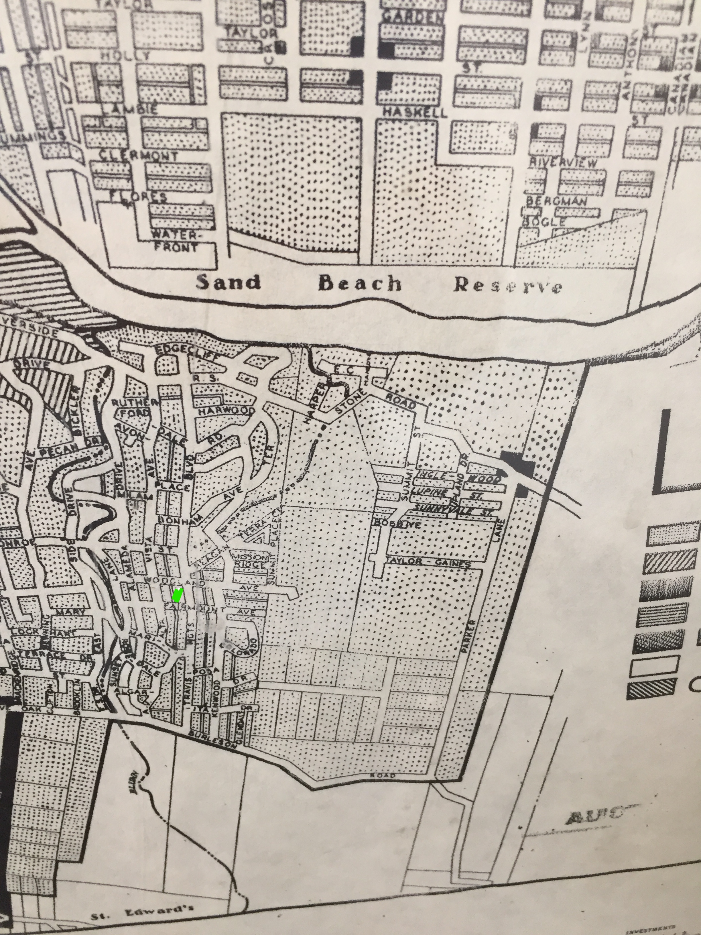 1938 map of Austin showing Travis Heights at the southern city limits, with 1704 Travis Heights Blvd marked in green